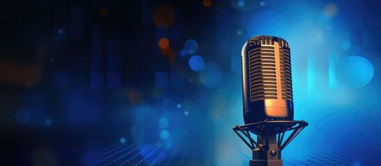 Podcast or music production banner featuring a studio vocal microphone surrounded by an audio waveform on a blue background, ideal for audio content creator with copy space image.