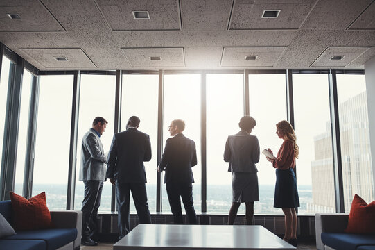 Business people, discussion and standing by window in boardroom with city view for career in real estate. Men, woman and conversation on property management, investors and corporate professionals.