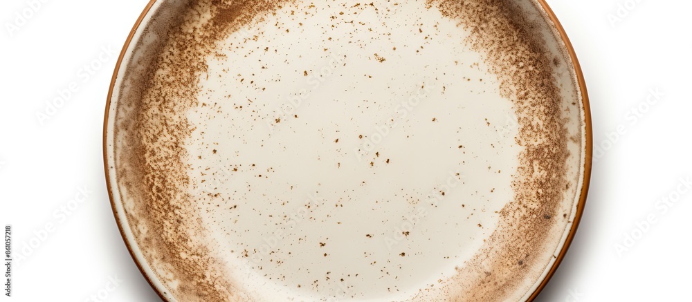 Poster single empty round ceramic plate with brown spots and edge isolated on a white background with a cli