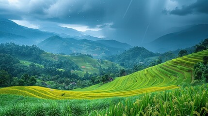 Fototapeta premium A serene rice terrace in Northern Thailand, glistening with fresh rain under a cloudy sky