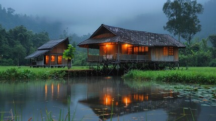 Fototapeta premium A traditional Thai house on stilts in Northern Thailand, with rainwater collecting underneath