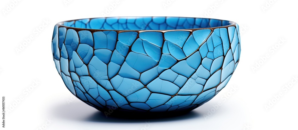 Poster side view of a ceramic bowl featuring a cracked pattern in blue color, isolated on a white backgroun