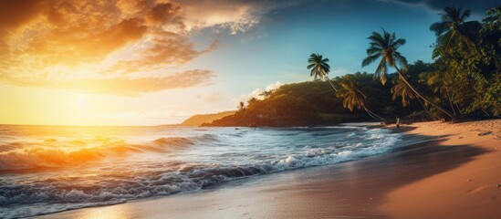 Exotic tropical destination with breathtaking sea views, luxurious water villas, and lush surroundings. Ideal for a summer vacation, perfect for a banner with copy space image.