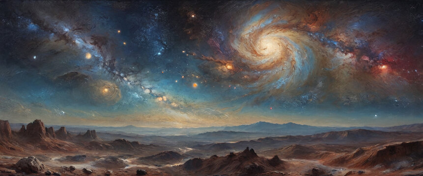 A celestial panorama showcasing the Milky Way and a collection of distant planets, painted in thick oil layers to highlight the expansive and breathtaking beauty of the cosmos, Generative AI