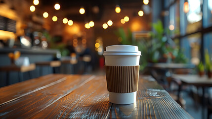 Paper coffee cup in coffee shop. Take away, Enjoy beverage, Relax on vacation with hot drinks.
