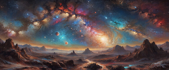 An enchanting scene of the Milky Way arching over a cluster of vibrant planets, rendered in thick oil layers to capture the magical and surreal environment, Generative AI