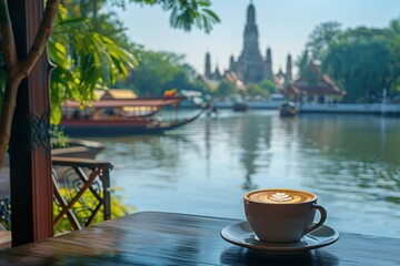 Coffee Cup with Scenic Riverside View