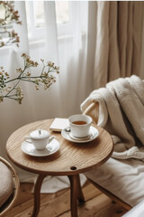 Close-up shot of a wooden coffee table with a coffee cup and vase beside a sofa, with a window in the background. Modern minimalist living room decor.