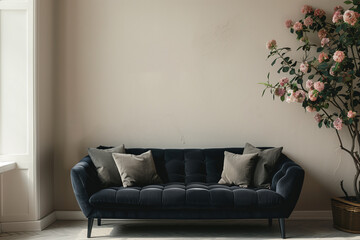 Modern living room ideas with a grey sofa, complemented by pillows, a lamp, and green plants.