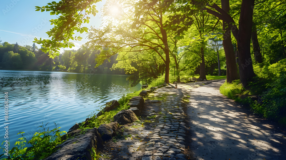 Aufkleber beautiful colorful summer spring natural landscape with a lake in park surrounded by green foliage o