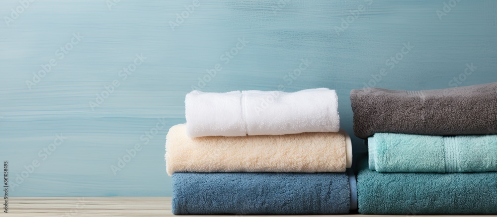 Poster bathroom with neatly piled towels on a bright surface, ready for adding text. optimal for a copy spa