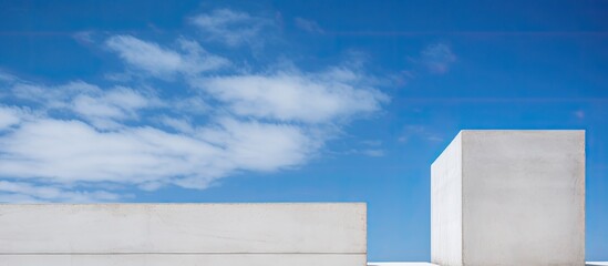 Architectural photography showcasing two large cement blocks in a geometric composition against a backdrop of a blue sky with white clouds, exemplifying modern minimalist design. Copy space image.