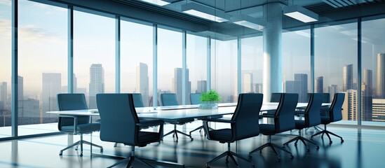 Modern conference room hosting a business meeting with ample copy space image.