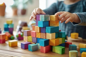 Fototapeta premium Child Playing with Colorful Wooden Blocks
