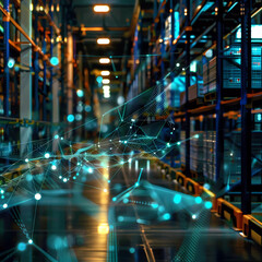 A holographic projection of a supply chain network diagram in a logistics center, business, dynamic and dramatic compositions, with copy space Generative AI