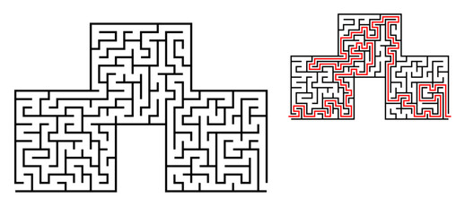 Fototapeta premium Vector funny weird maze with entry and exit. Find the way through labyrinth puzzle. Medium level difficulty riddle for childrens and adults with solution - red passing route