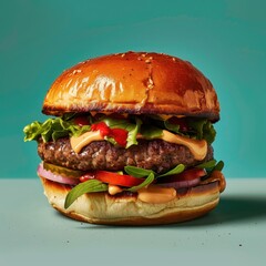 Juicy Burger with Toppings on a Blue Background