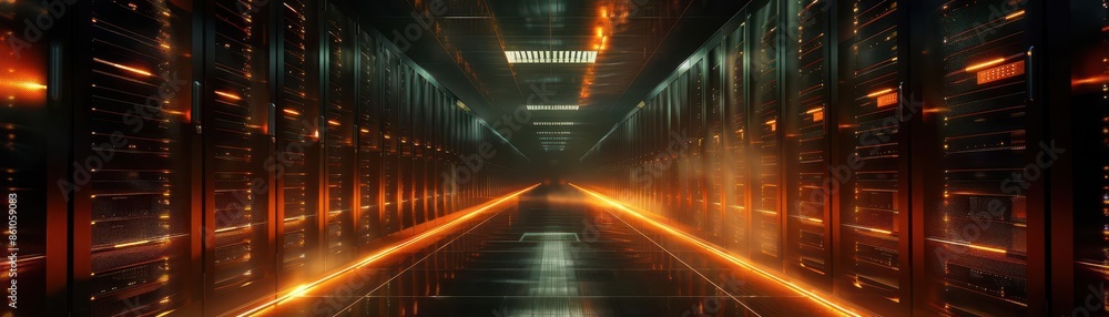 Poster modern data technology center with rows of server racks in a dark room