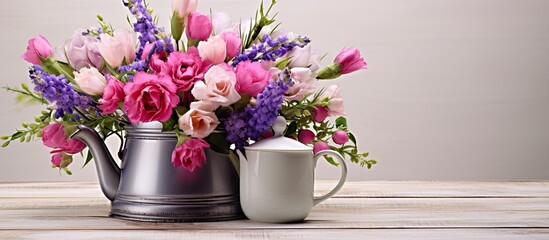 Fototapeta premium Vintage styled floral arrangement of pink and purple eustomas in an old coffee pot on a white wooden board, perfect as a holiday or wedding copy space image.