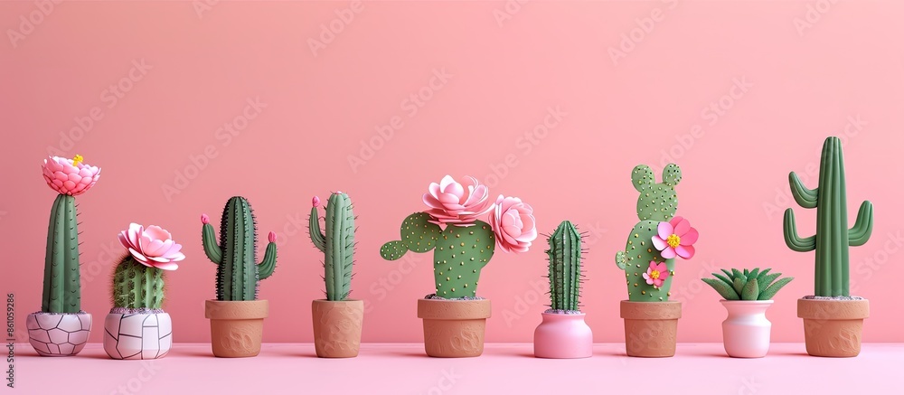 Poster fresh cactus group in flowers pastel background Group. with copy space image. Place for adding text or design