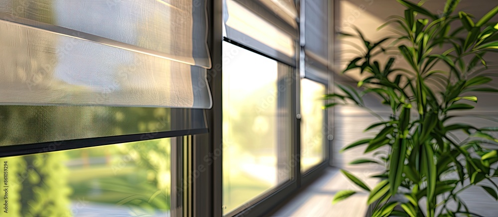 Aufkleber Window roller duo system day and night. Close up on roll curtains indoor. with copy space image. Place for adding text or design