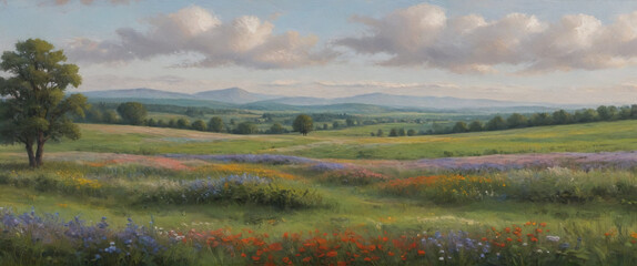 A serene countryside with fields of wildflowers and a distant tree line, depicted in thick oil paint to emphasize the peaceful and picturesque setting, Generative AI