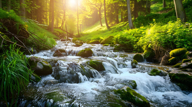 spring forest nature landscape  beautiful spring stream river rocks in mountain forest : Generative AI