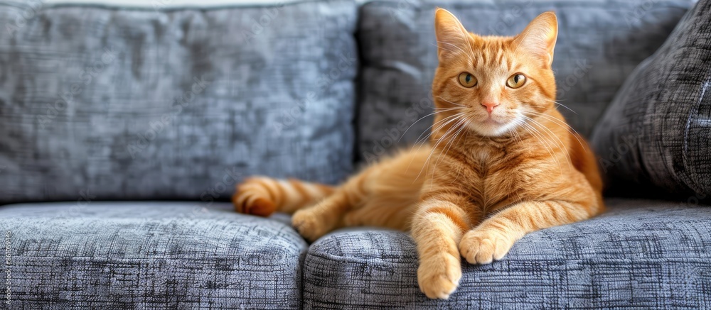 Poster Cute red cat sitting on grey couch at home. with copy space image. Place for adding text or design