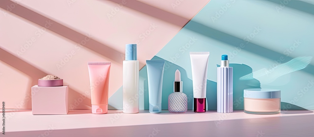 Poster Various cosmetics isolated on a pastel background Isolated. with copy space image. Place for adding text or design