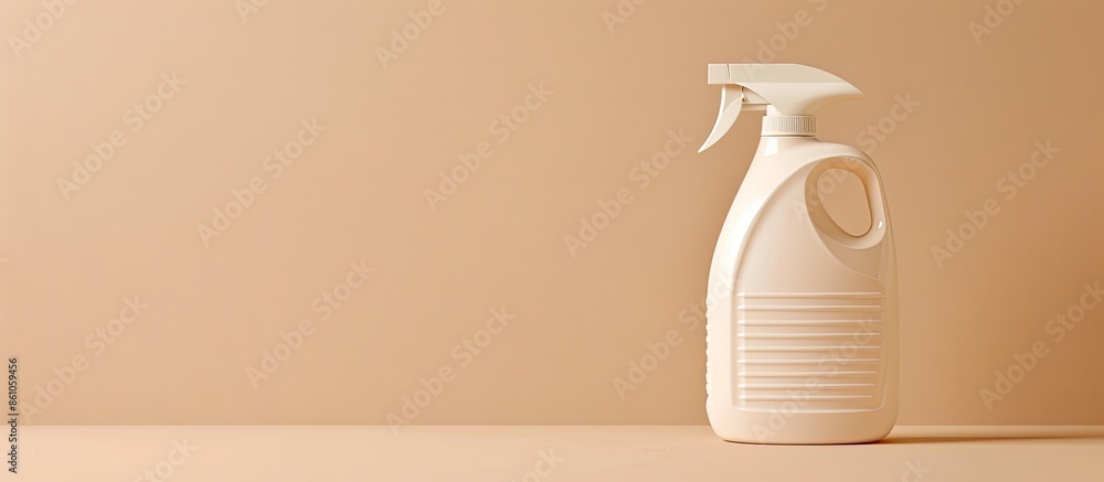 Poster Bottle with detergent on beige background. Cleaning supply. with copy space image. Place for adding text or design
