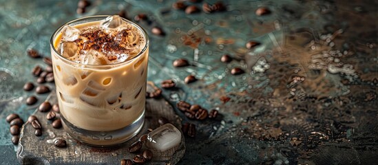 Milk cream iced coffee. Coffee cold brew drink cocktail with ice and milk. with copy space image. Place for adding text or design
