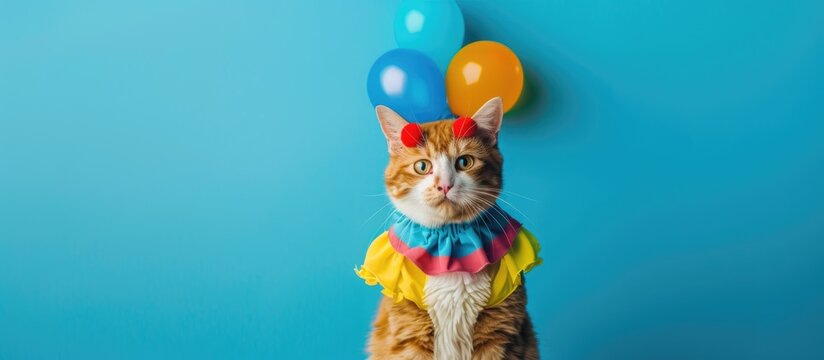 Funny cat is wearing costume clown and holding a petard. with copy space image. Place for adding text or design