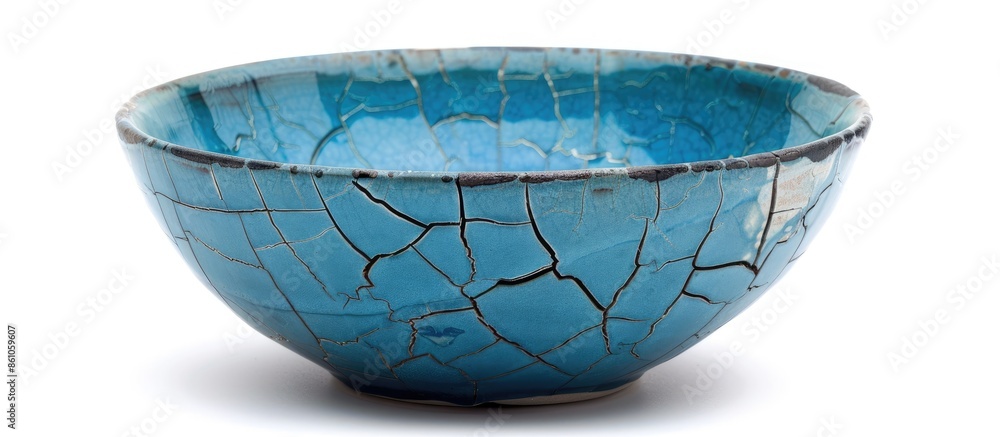 Poster Ceramic bowl with cracked pattern, Blue bowl isolated on white background with clipping path, Side view. with copy space image. Place for adding text or design