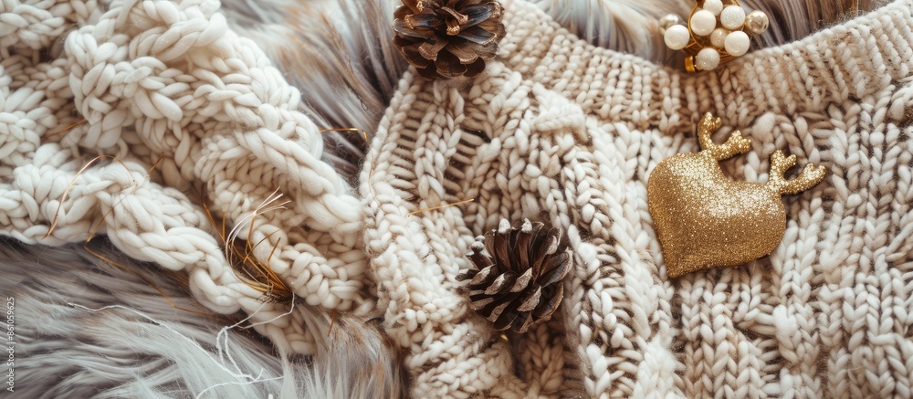 Poster knited sweater, pine cones, golden heart and reindeer over cozy and fur carpet. top view. with copy 