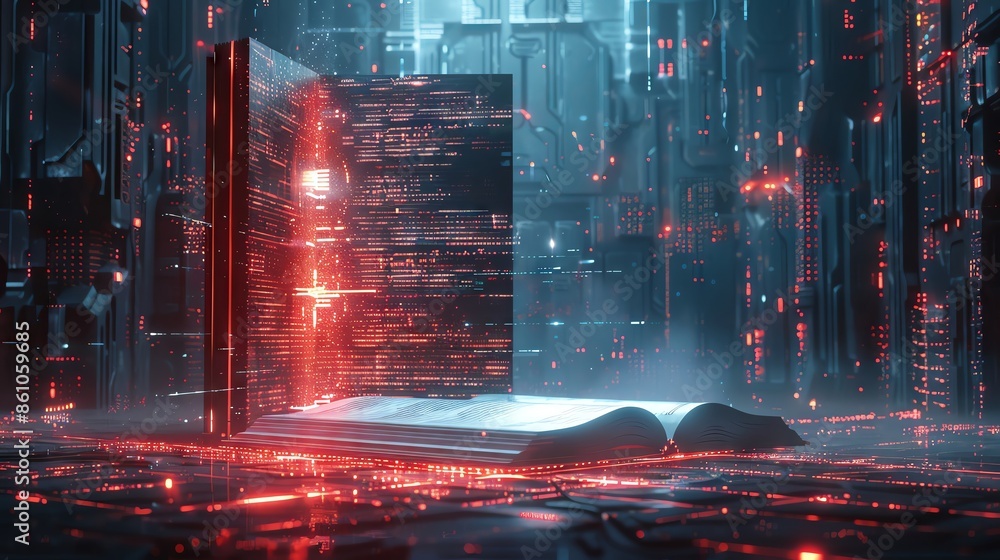 Poster futuristic digital library with an open book and glowing codes, symbolizing the convergence of techn