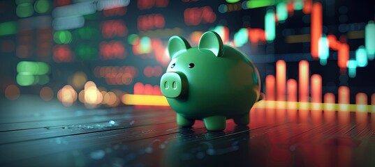A piggy bank featuring candlestick charts or diagrams from the stock exchange, illustrating financial and ETF strategies aimed at saving and earning money for retirement, presented in a banner format