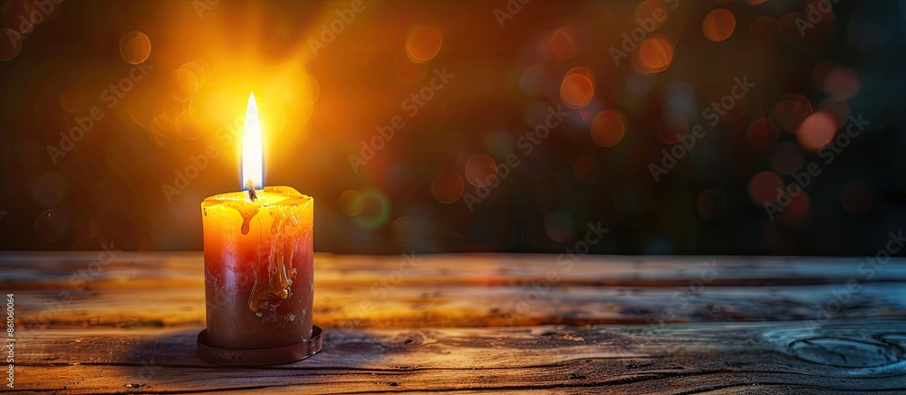 Poster Burning candle in candlestick on table. with copy space image. Place for adding text or design
