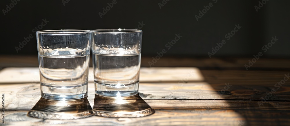 Aufkleber glasses of water on a wooden table. selective focus. shallow dof. with copy space image. place for a
