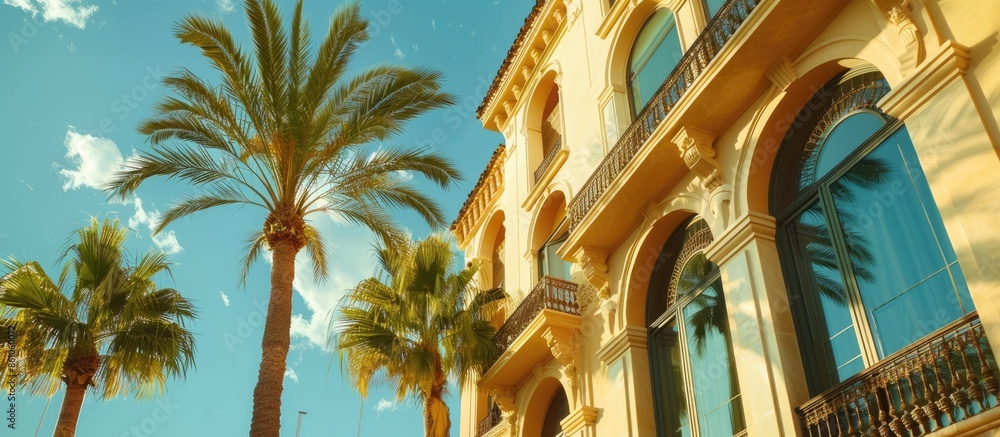 Aufkleber Detail of a five stars hotel with reflecting sky and palm trees. Copy space image. Place for adding text or design