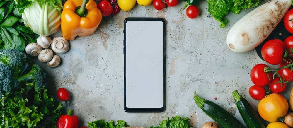 Aufkleber smartphone with blank screen and fresh groceries: online grocery shopping app. copy space image. pla