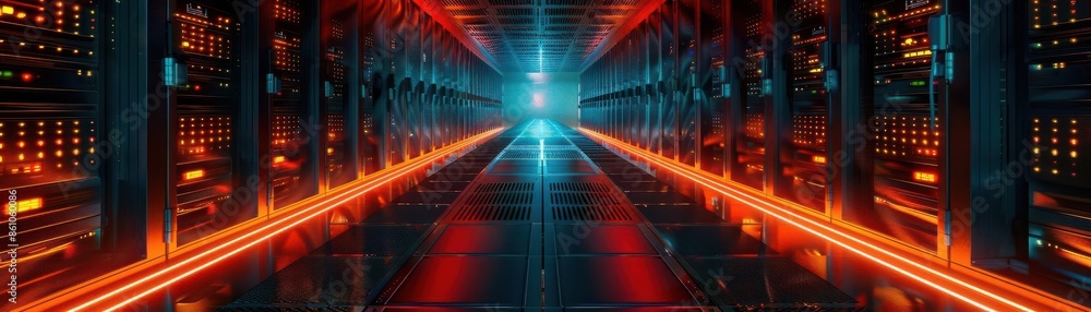 Poster modern data technology center with rows of server racks in a dark room