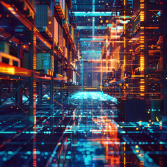 A holographic projection of a supply chain network diagram in a logistics center, business, dynamic and dramatic compositions, with copy space Generative AI