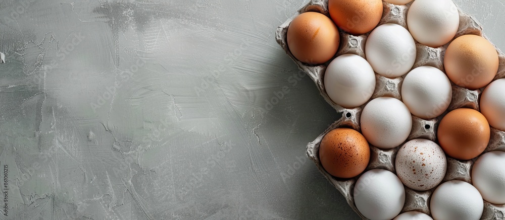 Aufkleber Chicken eggs closeup in a corton box on a gray stand pastel background. with copy space image. Place for adding text or design