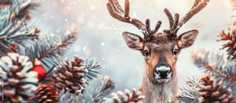 Poster creative beautiful christmas greeting card with funny reindeer face. copy space image. place for add