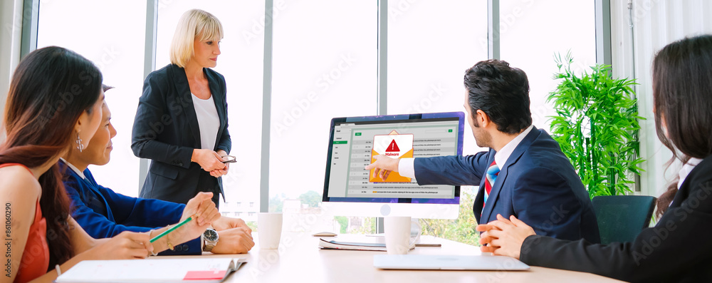 Poster cyber attacking concept. malware alert showing on computer screen display scam and threat detection 