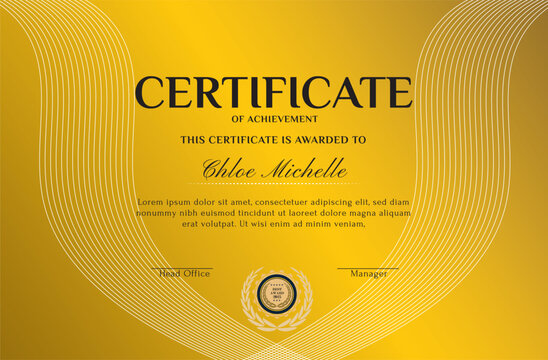 Elegant black and gold blue diploma certificate template with luxury badge and modern line pattern. For award, business, and education needs. Use for print, certificate, diploma, graduation