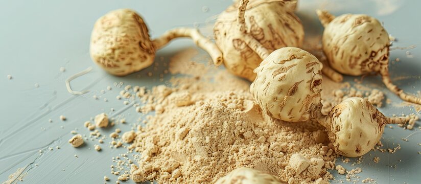 Peruvian maca roots or Peruvian ginseng (lat. Lepidium meyenii) with maca products (maca powder) on a light pastel background. with copy space image. Place for adding text or design