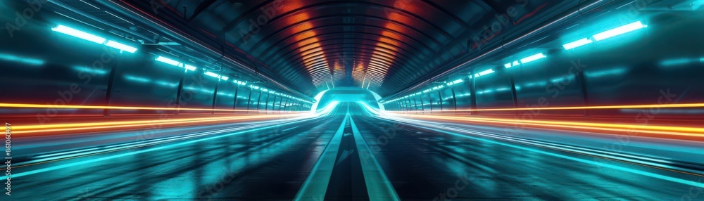 Poster futuristic tunnel with dynamic neon lights creating a sense of speed and motion, perfect for technol