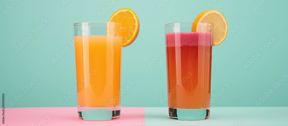 Fototapete glass filled with fresh pressed juice isolated over the pastel background, set of two different fore