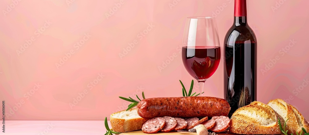 Leinwandbilder composition with wine,sausage and bread isolated on pastel background. with copy space image. place 